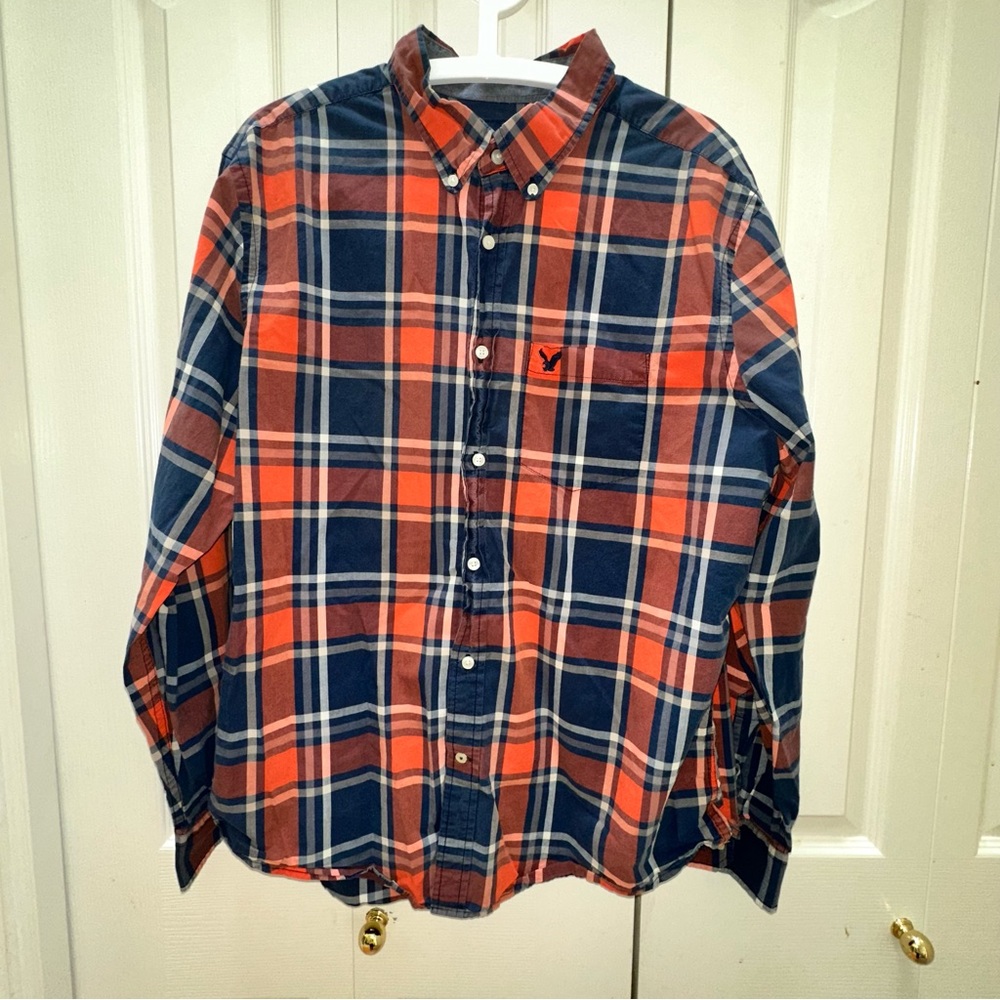 American Eagle Outfitters Men's Plaid Shirt - Orange and Blue XL